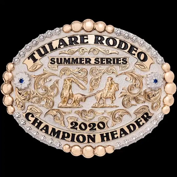 The Kettleman Custom Belt Buckle is a classic western silver buckle with 5 bead bronze frame and scrollwork. Showcase your style and customize this buckle design now!
